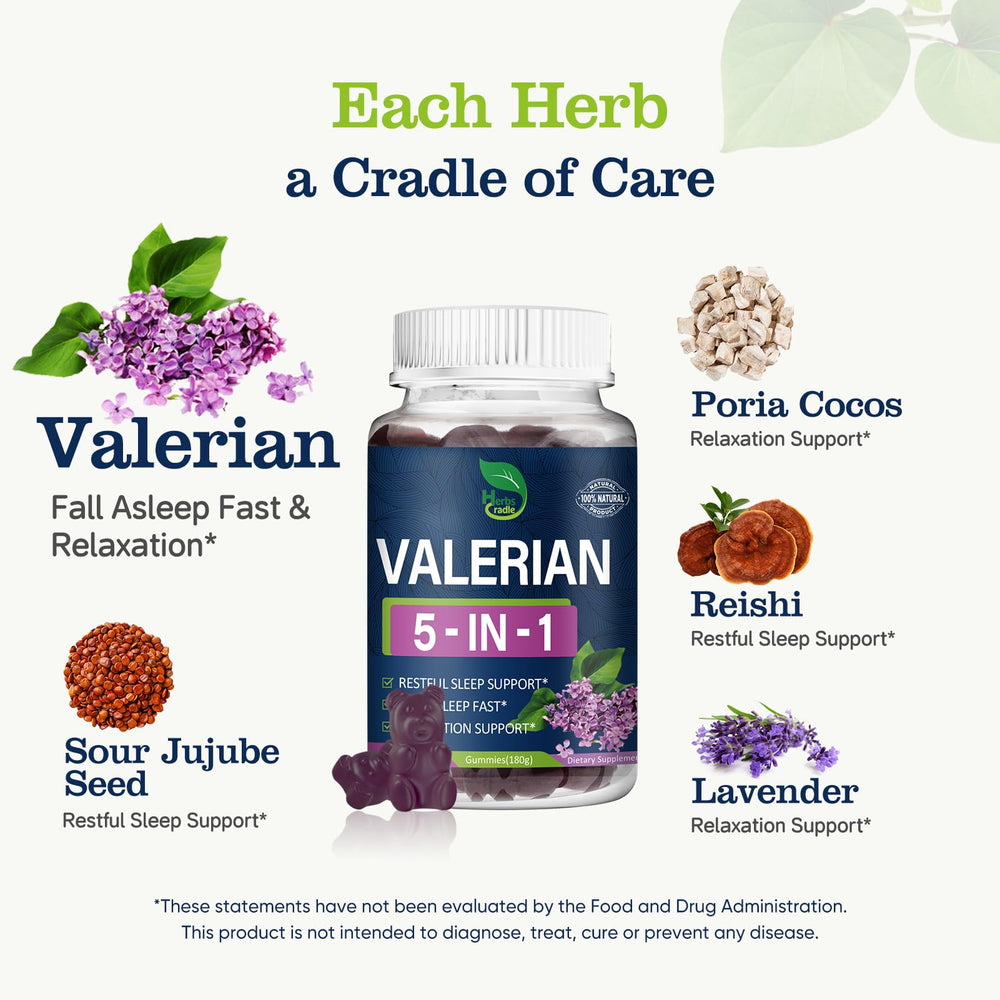 Herbscradle Valerian gummies ingredients collage emphasizing natural herbal harmony