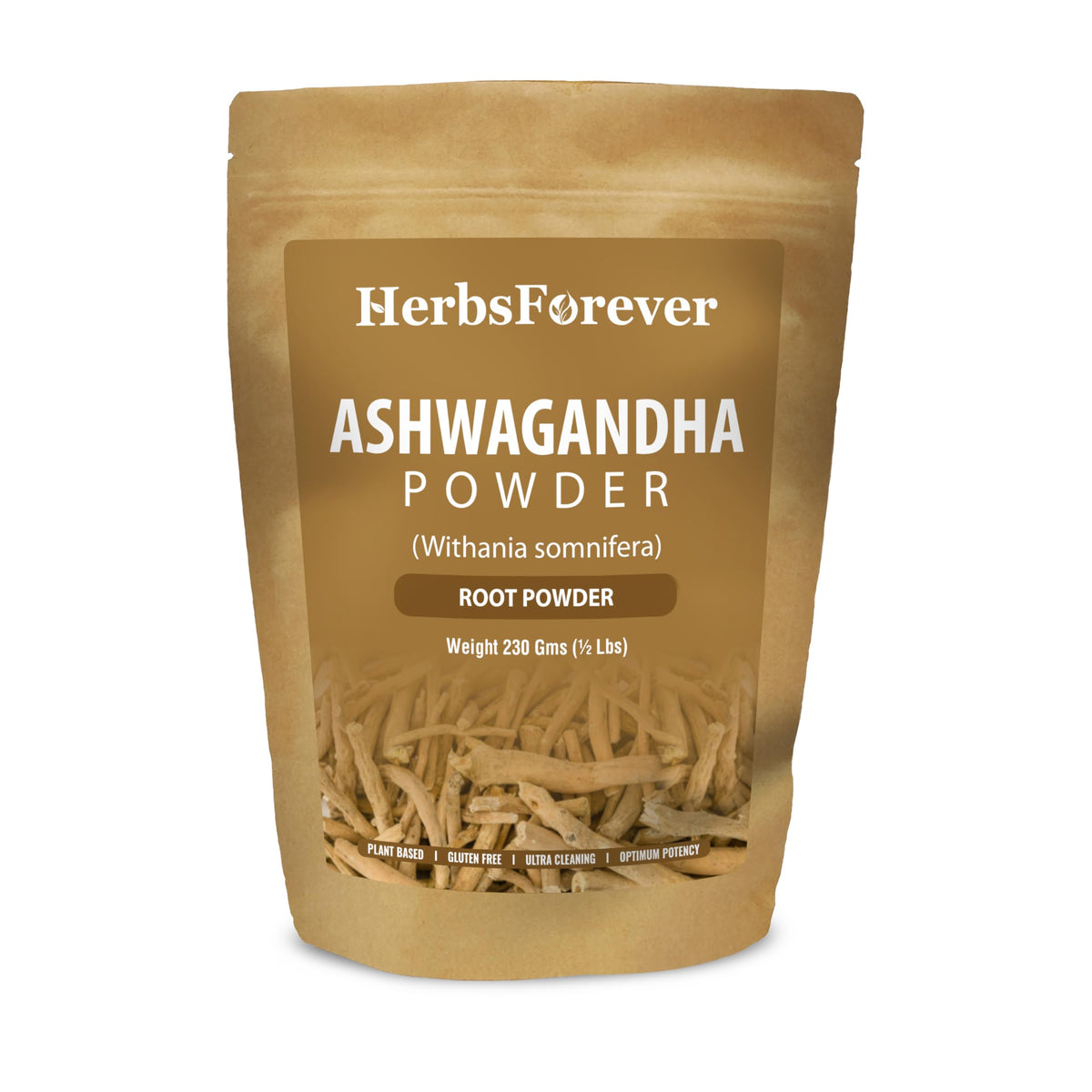 Herbsforever Ashwagandha root powder jar front showing pure quality for daily use.