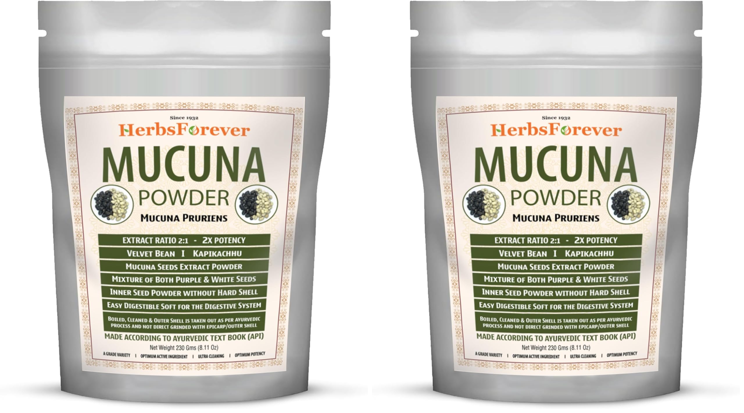 Herbsforever Mucuna Pruriens powder on a 2-pack box, highlighting value for daily vitality