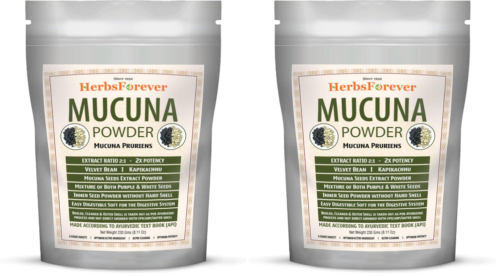 Herbsforever Mucuna Pruriens powder on a 2-pack box, highlighting value for daily vitality