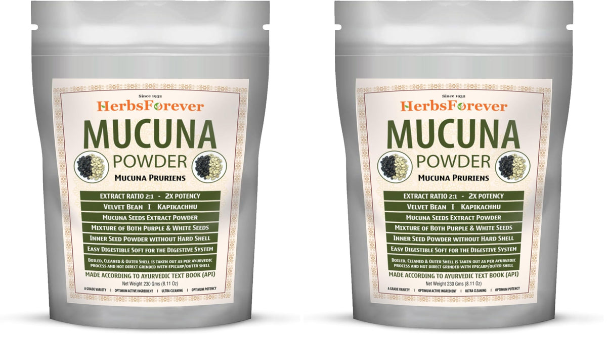 Herbsforever Mucuna Pruriens powder on a 2-pack box, highlighting value for daily vitality