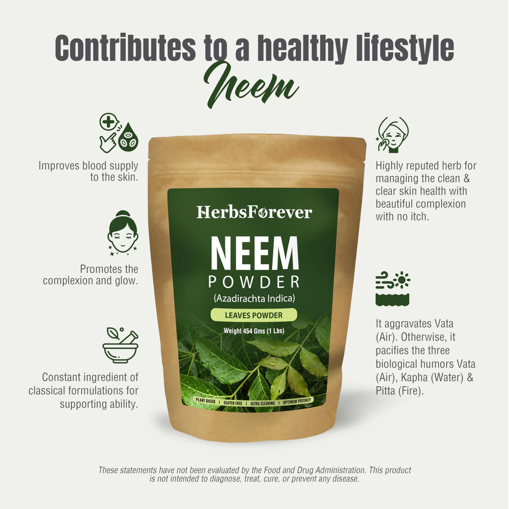HerbsForever Neem Powder scoop demonstrates convenient measuring for skin and hair care.