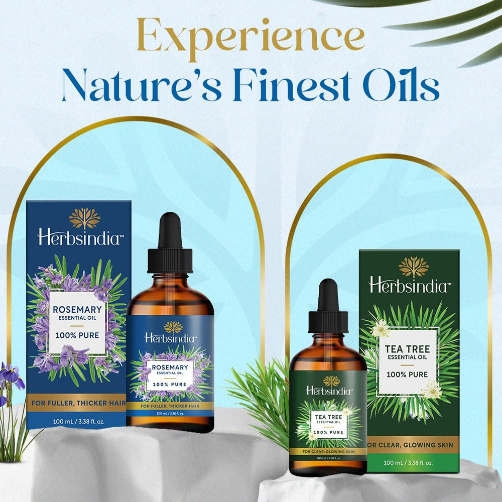 Herbsindia Rosemary Oil close-up shows purity and premium packaging.