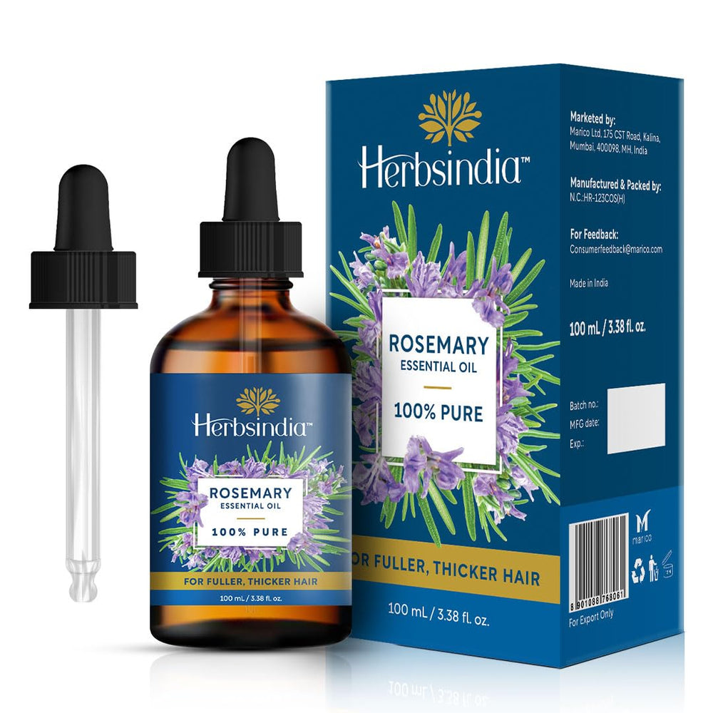 Herbsindia Rosemary Oil in a glass bottle with dropper for precise hair-care application.