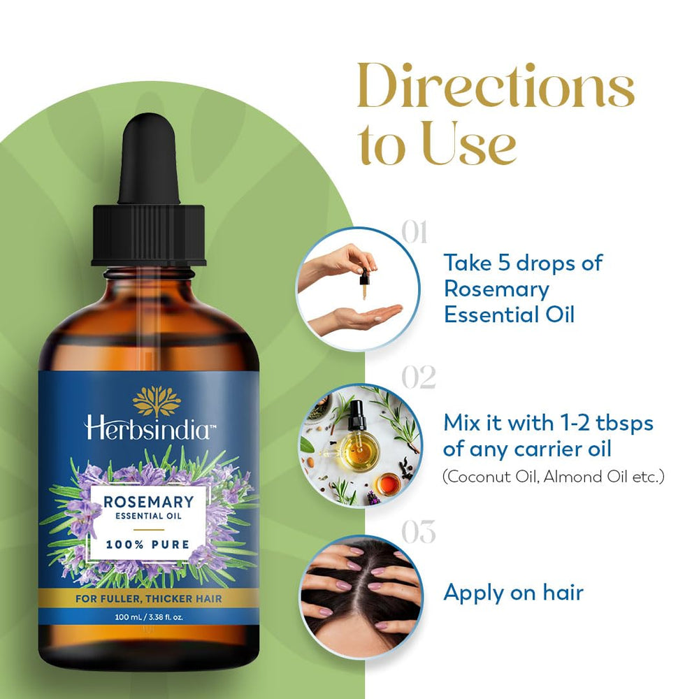 Herbsindia Rosemary Oil label detail emphasizing purity and non-GMO ingredients.