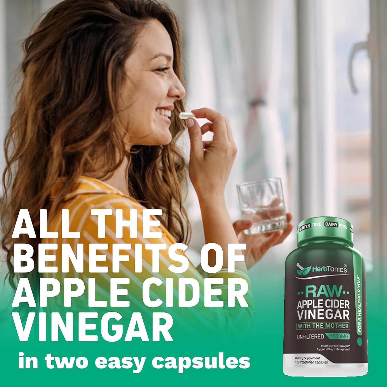 Herbtonics ACV capsules inside view—unfiltered vinegar with Mother for digestion.