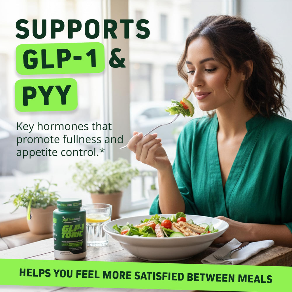 Capsules pouring from bottle demonstrate easy daily dosing for Herbtonics GLP-1 Tonic.