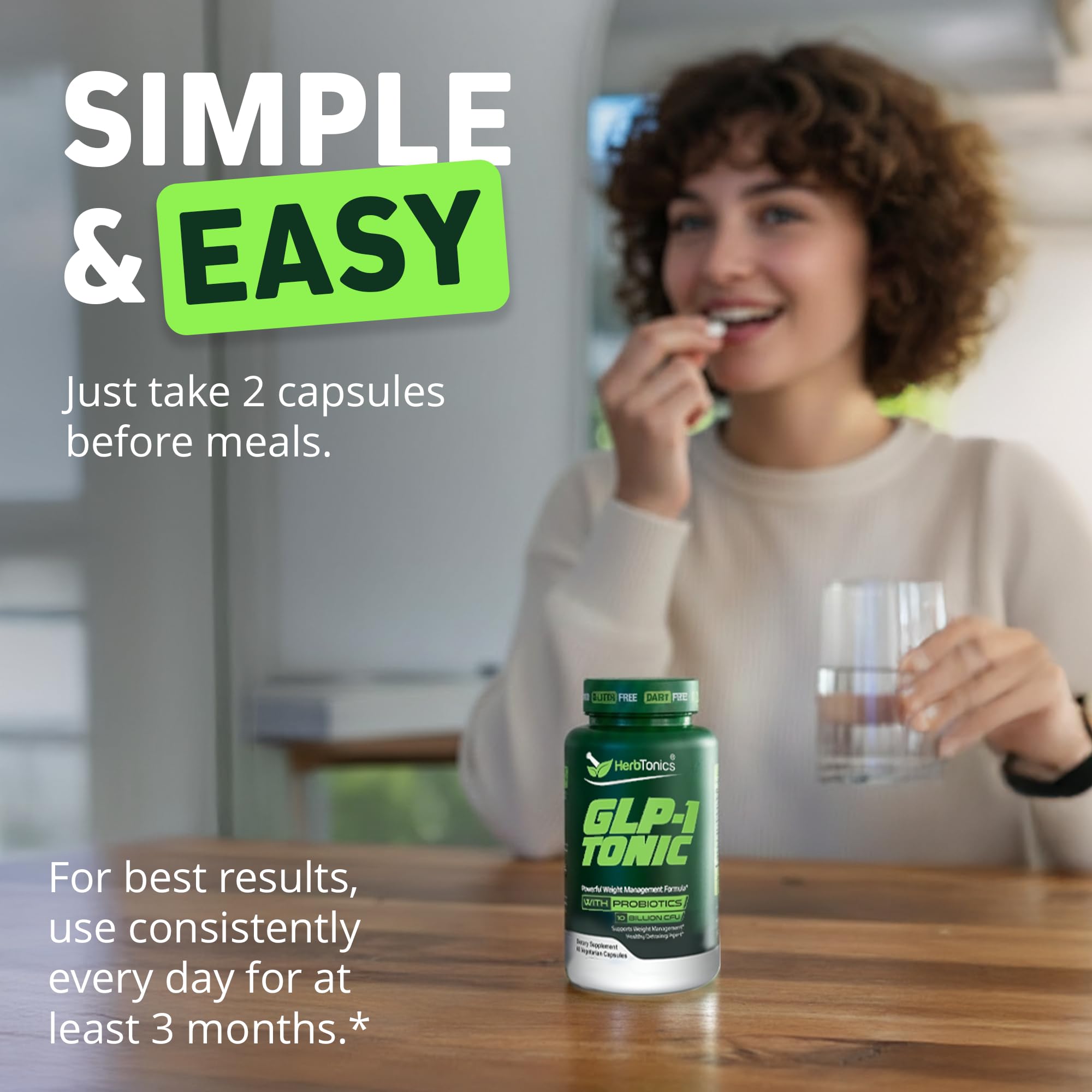 Bottle with dosing card of Herbtonics GLP-1 Tonic for meal timing reminders.
