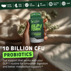 Close-up of label highlights 10 Billion CFU probiotics in Herbtonics GLP-1 Tonic.