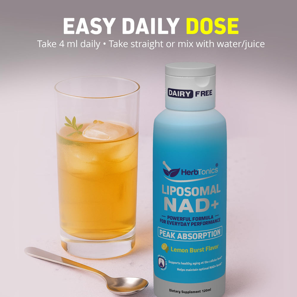Herbtonics Liposomal NAD+ daily-use glass ready for routine.