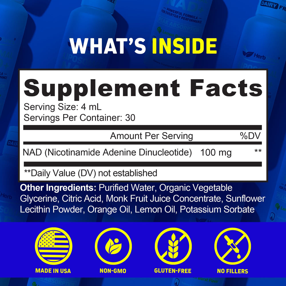 Herbtonics Liposomal NAD+ label closeup highlighting vegan, non-GMO formula.