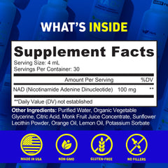 Herbtonics Liposomal NAD+ label closeup highlighting vegan, non-GMO formula.