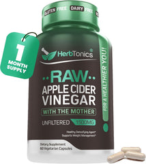 Herbtonics raw apple cider vinegar capsules bottle highlighting 1500 mg per serving for wellness support.