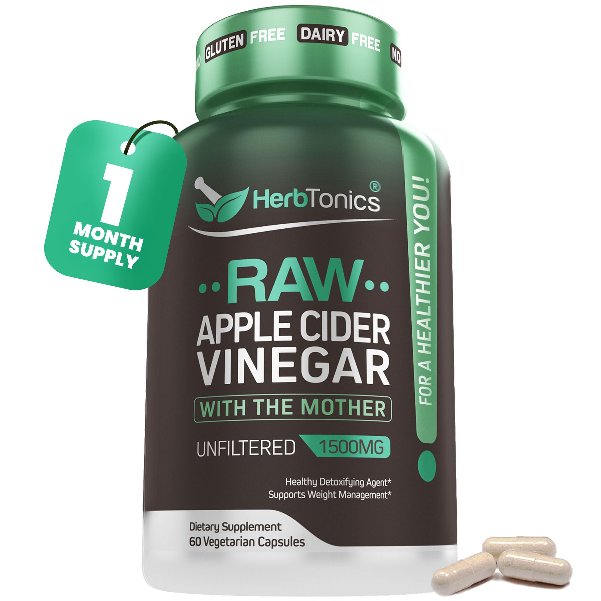 Herbtonics raw apple cider vinegar capsules bottle highlighting 1500 mg per serving for wellness support.