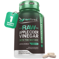 Herbtonics raw apple cider vinegar capsules bottle highlighting 1500 mg per serving for wellness support.