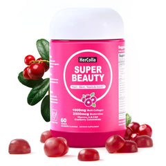 HerColla Multi Collagen Gummies bottle front with cranberry flavor supports daily beauty routine
