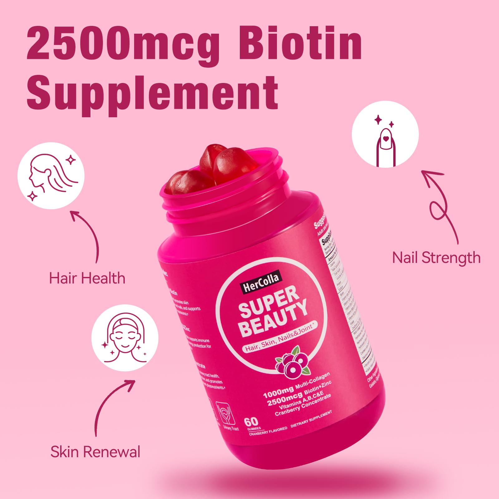 HerColla gummies bottle nutrition label highlights five collagen types and biotin