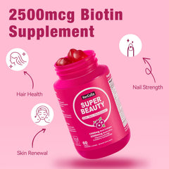 HerColla gummies bottle nutrition label highlights five collagen types and biotin