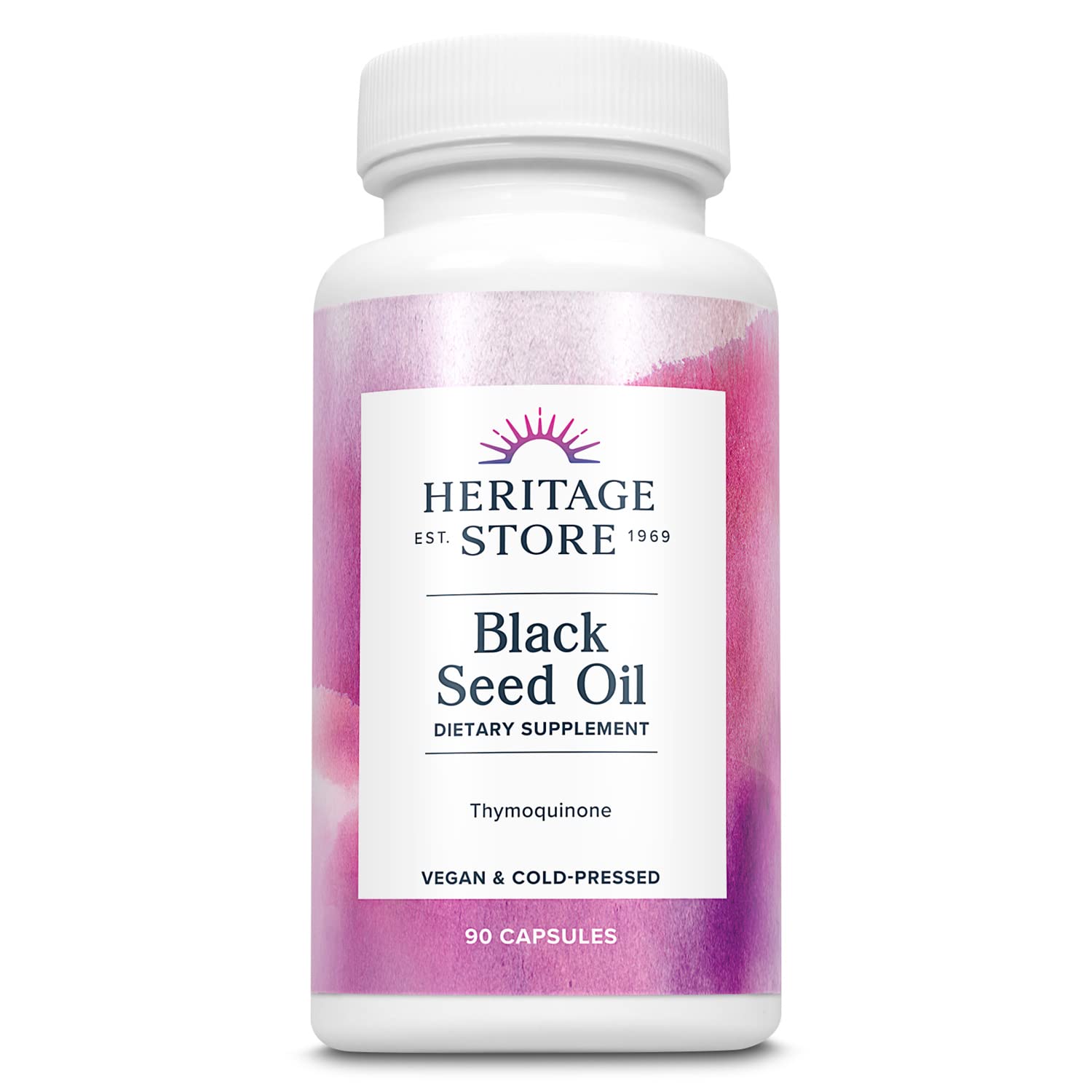 Heritage Store black seed oil bottle close-up with antioxidant benefits.