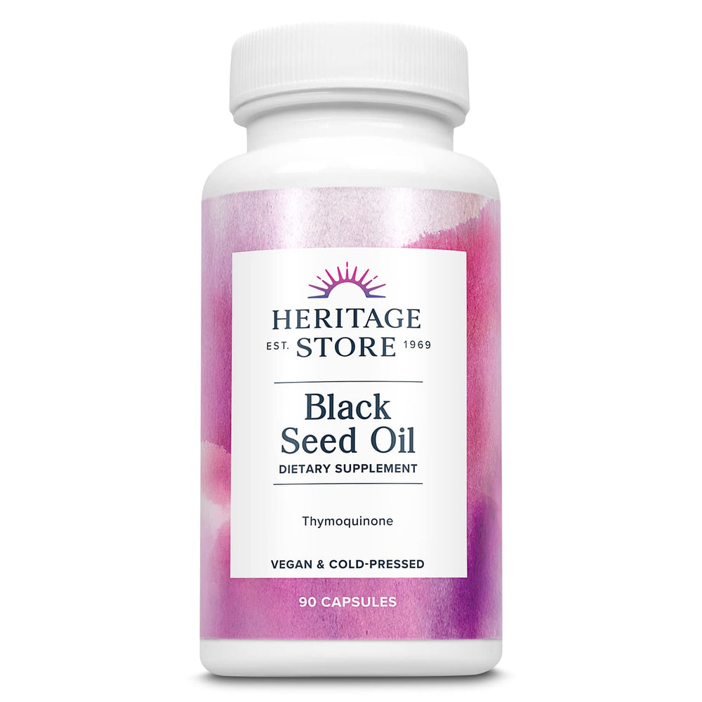 Heritage Store black seed oil bottle close-up with antioxidant benefits.