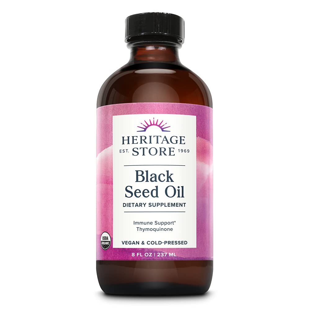 HERITAGE STORE Black Seed Oil bottle on shelf highlighting organic cold pressed quality