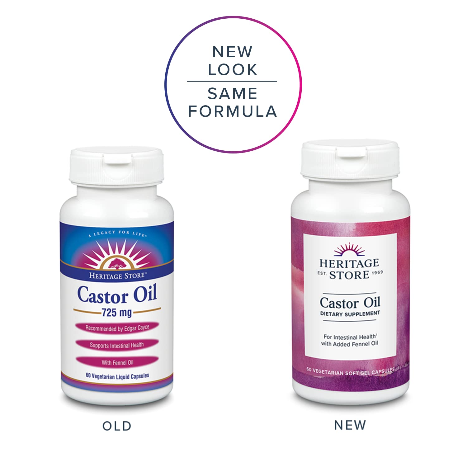 HERITAGE STORE Castor Oil Capsules closeup highlighting easy-to-swallow design