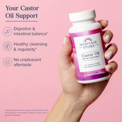 HERITAGE STORE Castor Oil label detail emphasizing purity and vegan ingredients