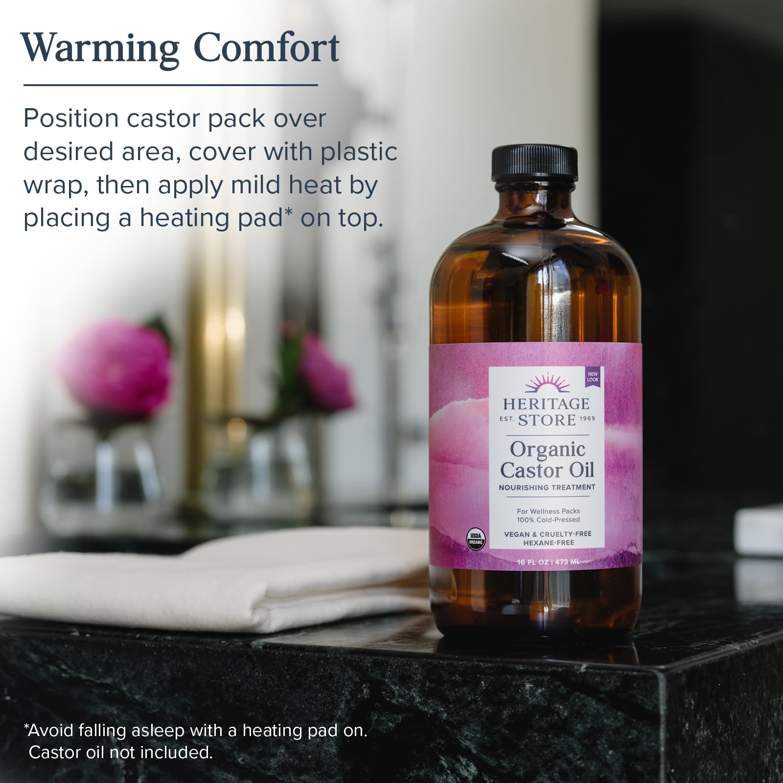 HERITAGE STORE castor oil pack application, fabric gentle against skin during use
