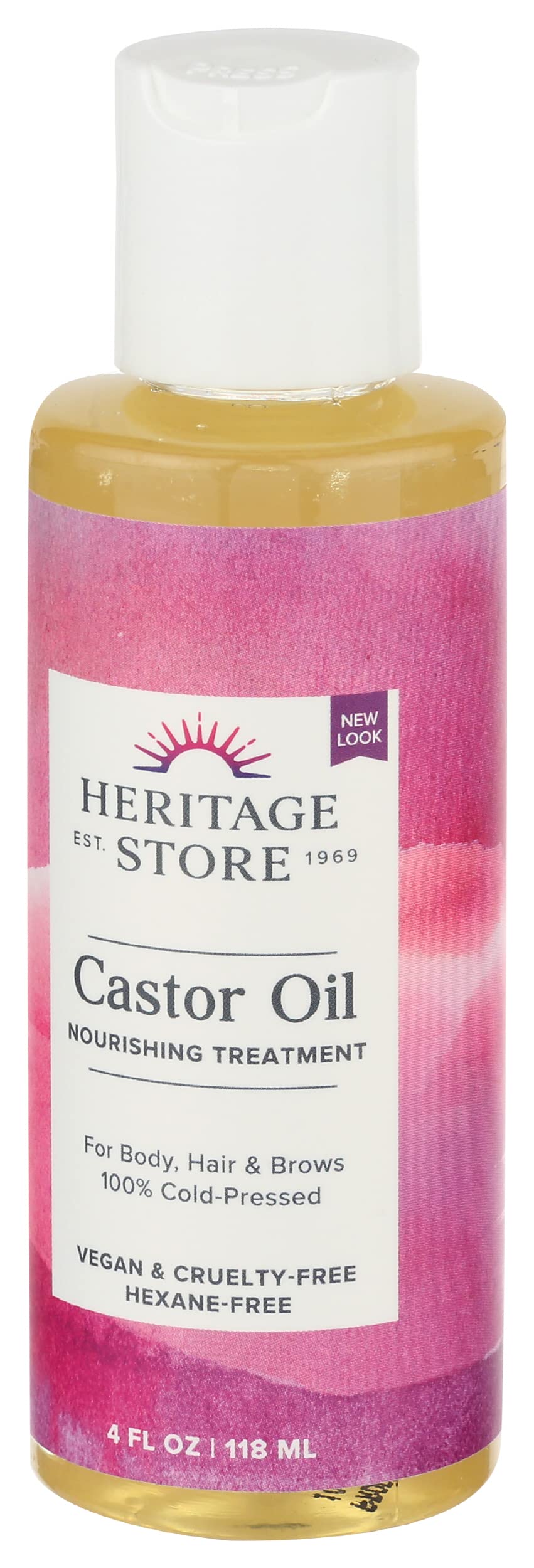 Heritage Castor Oil packaging showcases compact dimensions for convenient storage.