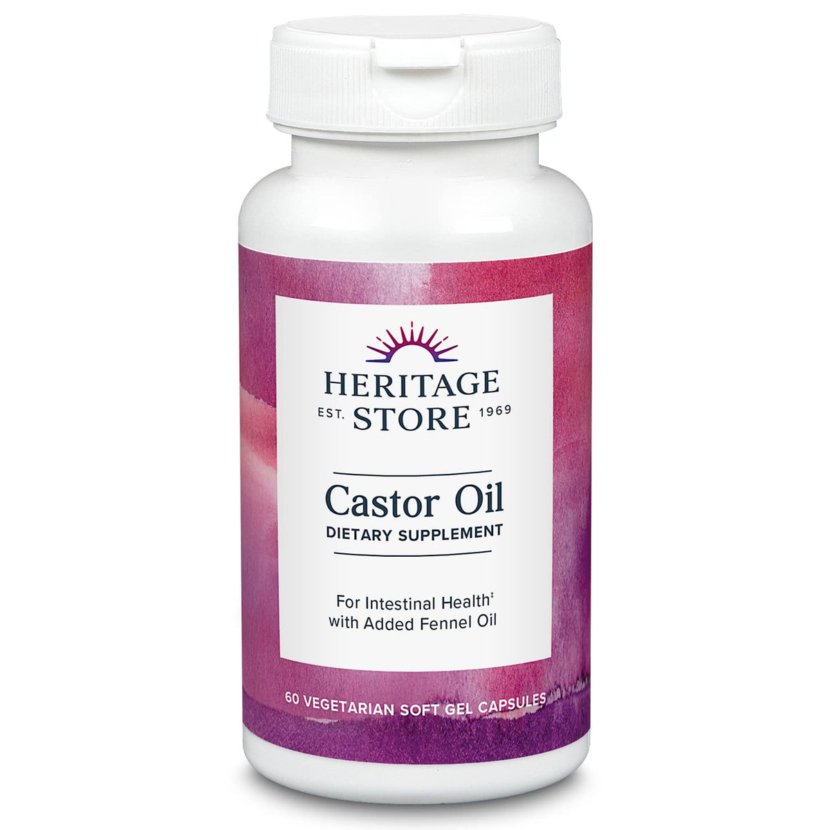 HERITAGE STORE Castor Oil Supplement bottle front with vegan capsules for digestive support