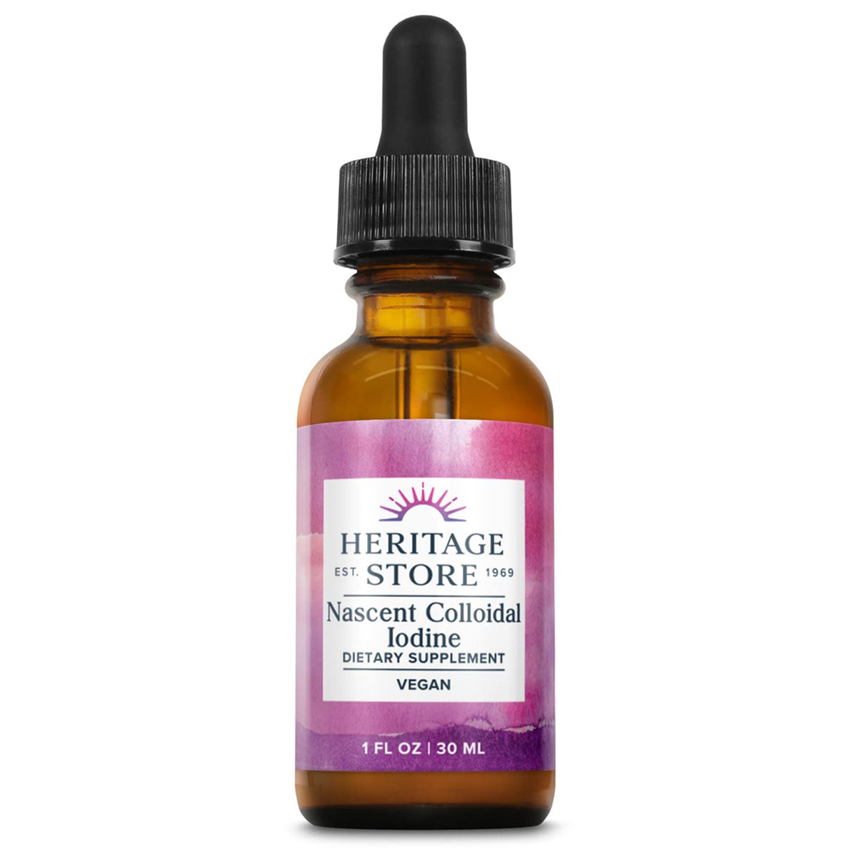 Heritage Store Nascent Iodine Drops bottle on kitchen counter, signaling daily wellness support.
