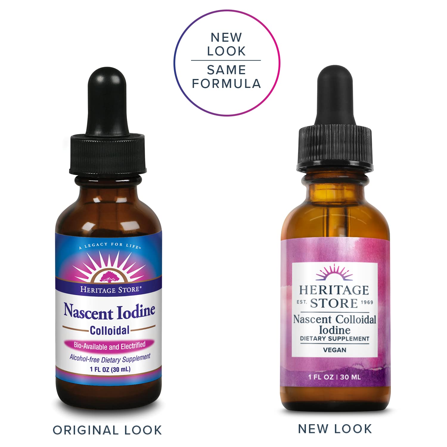 Heritage Store Nascent Iodine Drops dropper releasing a drop into water for easy daily dosing.