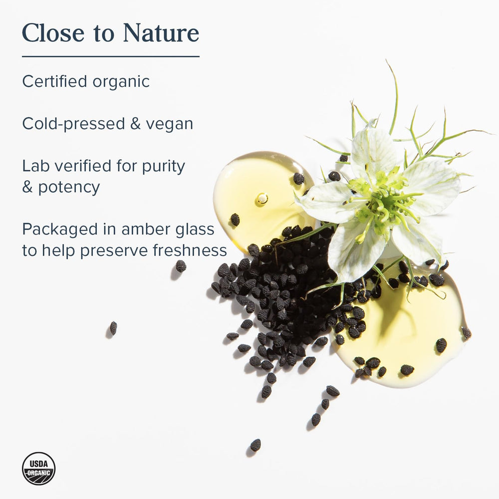 HERITAGE STORE Nigella sativa seeds, highlighting raw source of the oil.