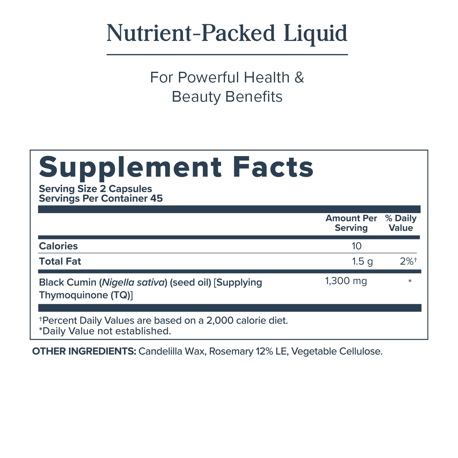 Thymoquinone-rich black seed oil pour suggesting antioxidant support.