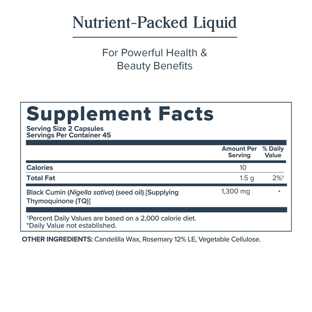 Thymoquinone-rich black seed oil pour suggesting antioxidant support.