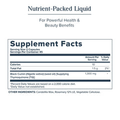 Thymoquinone-rich black seed oil pour suggesting antioxidant support.