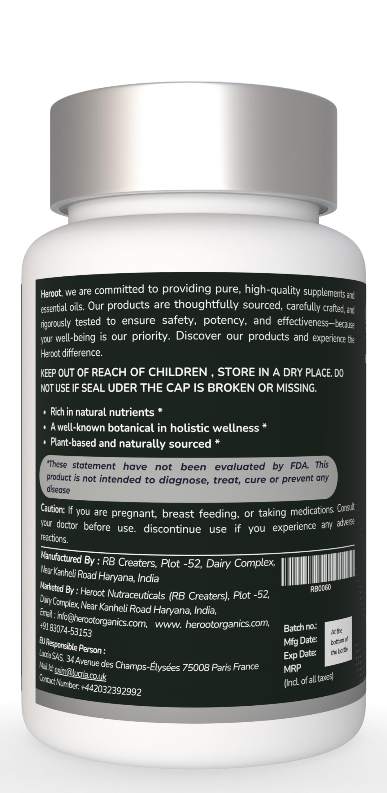 Heroot Amla capsules label close-up highlighting vitamin C source.