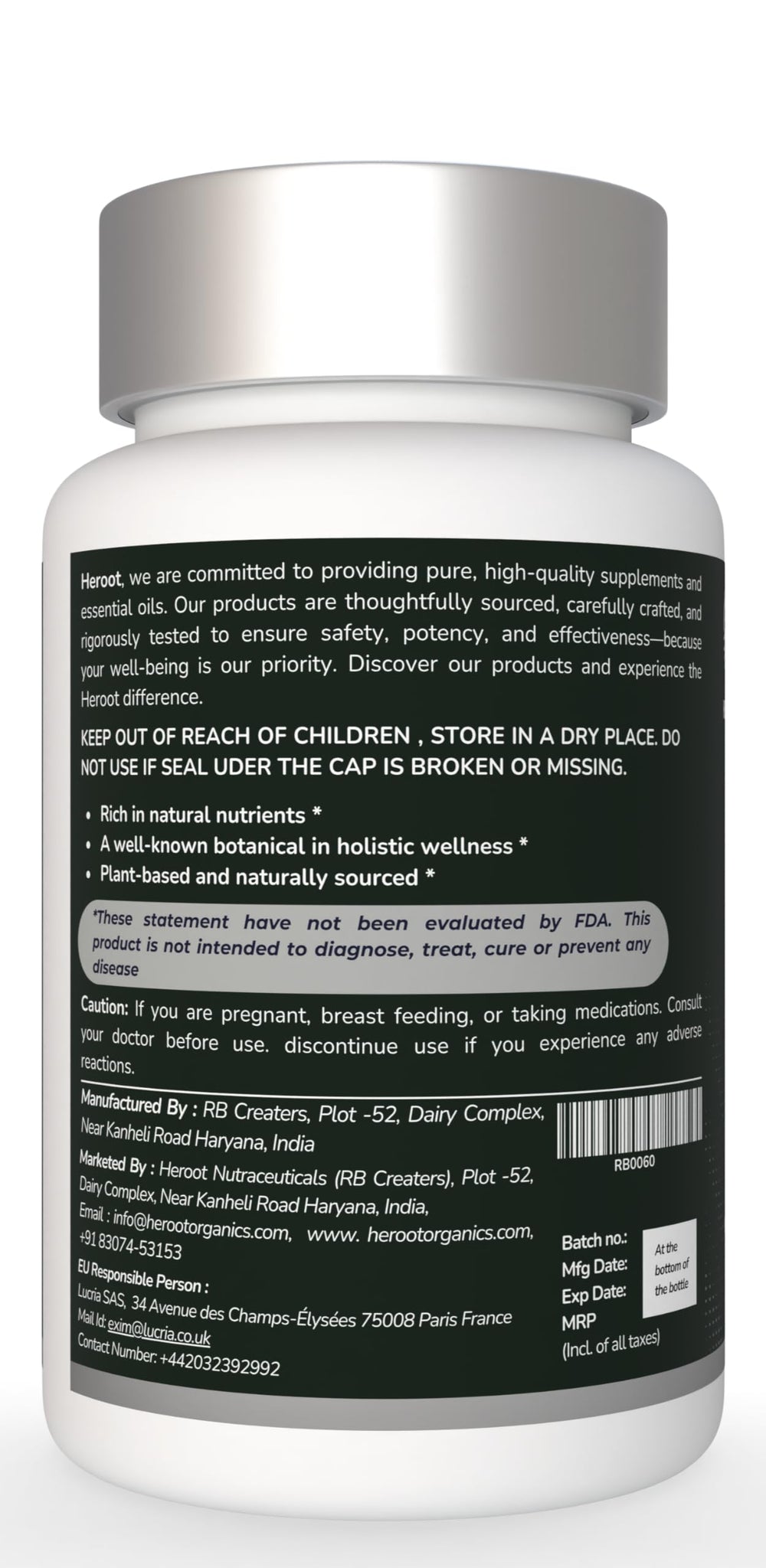Heroot Amla capsules label close-up highlighting vitamin C source.