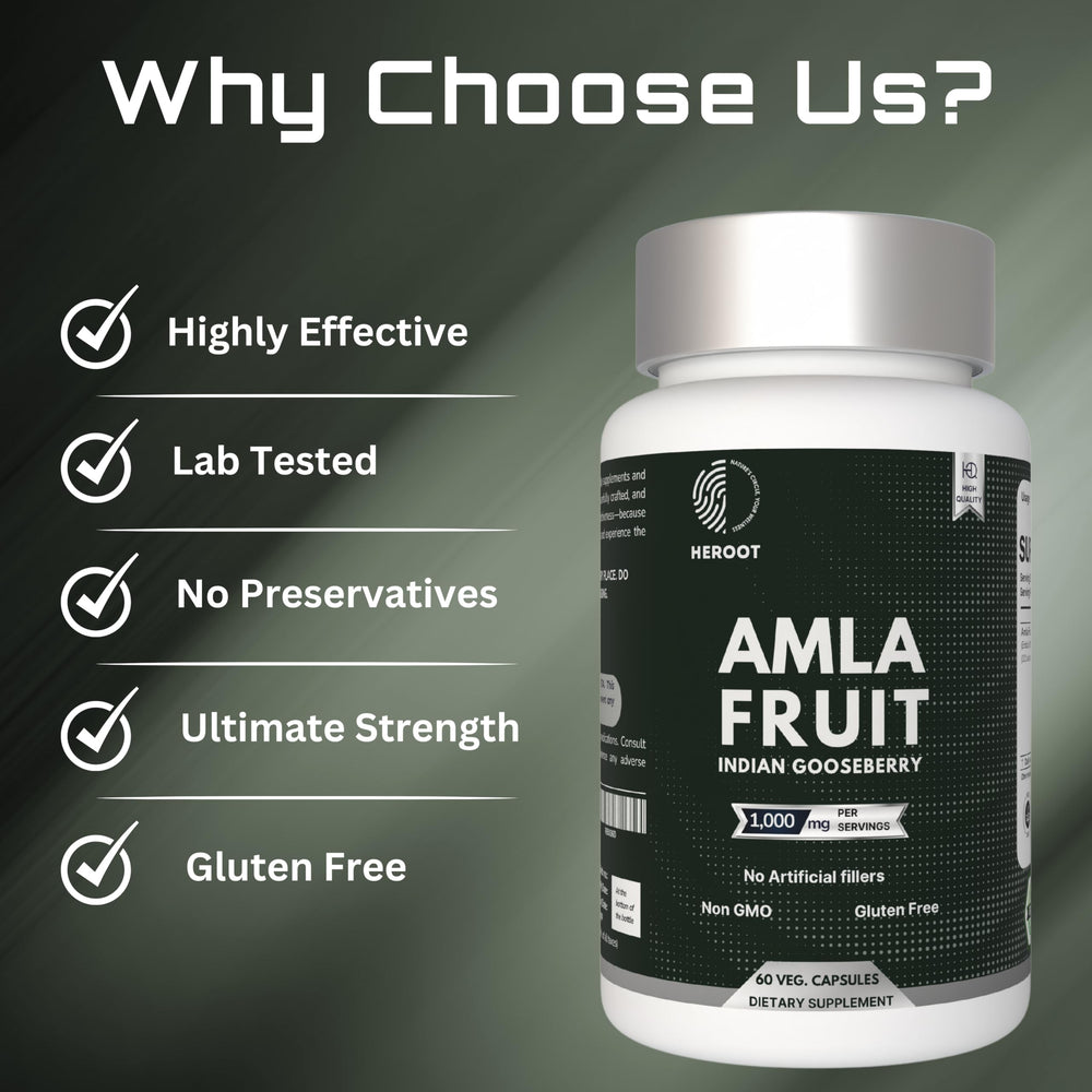 Heroot Amla capsules with natural ingredients emphasized for hair and skin care.