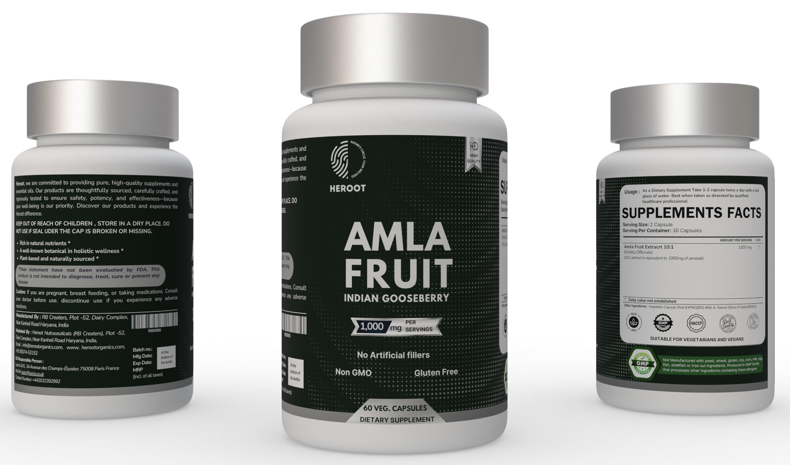 Heroot Amla capsules being poured from the bottle for easy daily use.