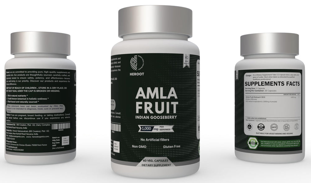 Heroot Amla capsules being poured from the bottle for easy daily use.