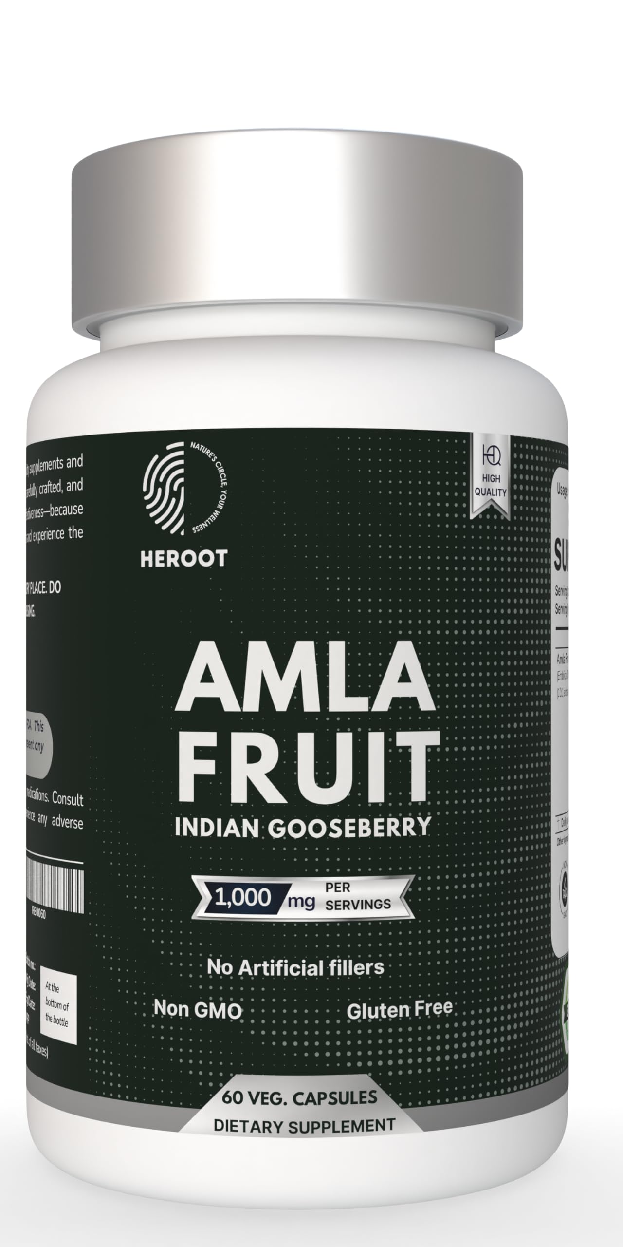 Heroot Organic Amla capsules bottle with potential immune support and skin glow.