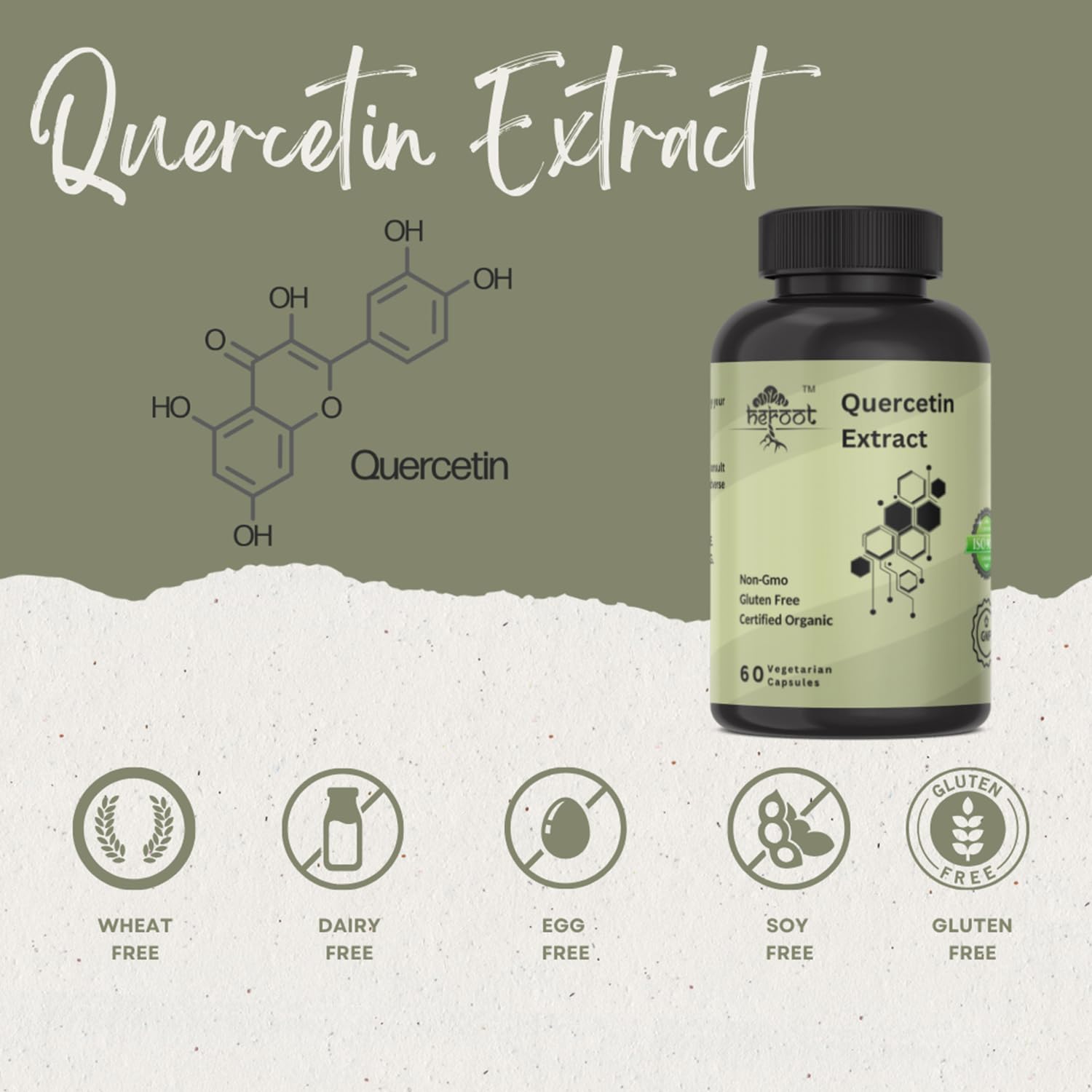 Heroot Quercetin Extract Capsules label back shows ingredients and standards