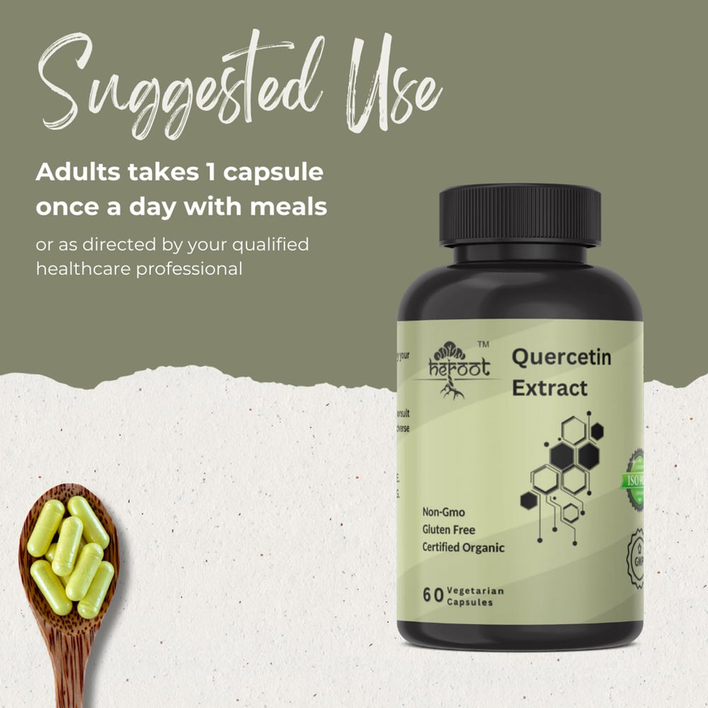 Heroot Quercetin Extract Capsules closeup of compact capsules for daily dosing