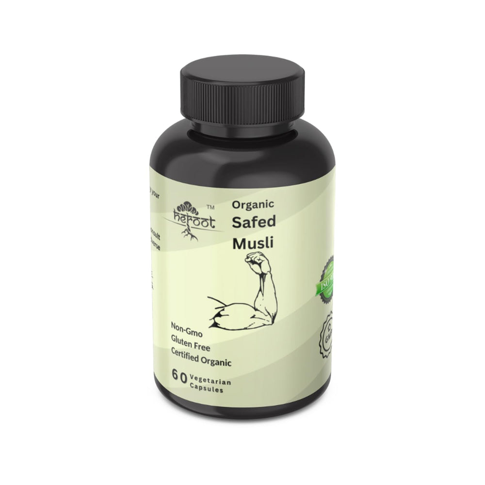 Heroot Safed Musli capsule bottle side view showing easy dosage