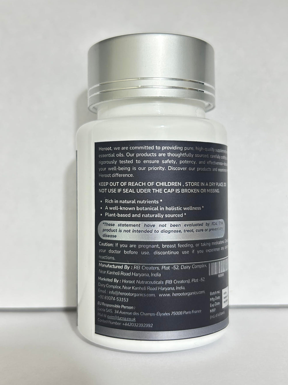 Heroot Safed Musli non-GMO seal on packaging