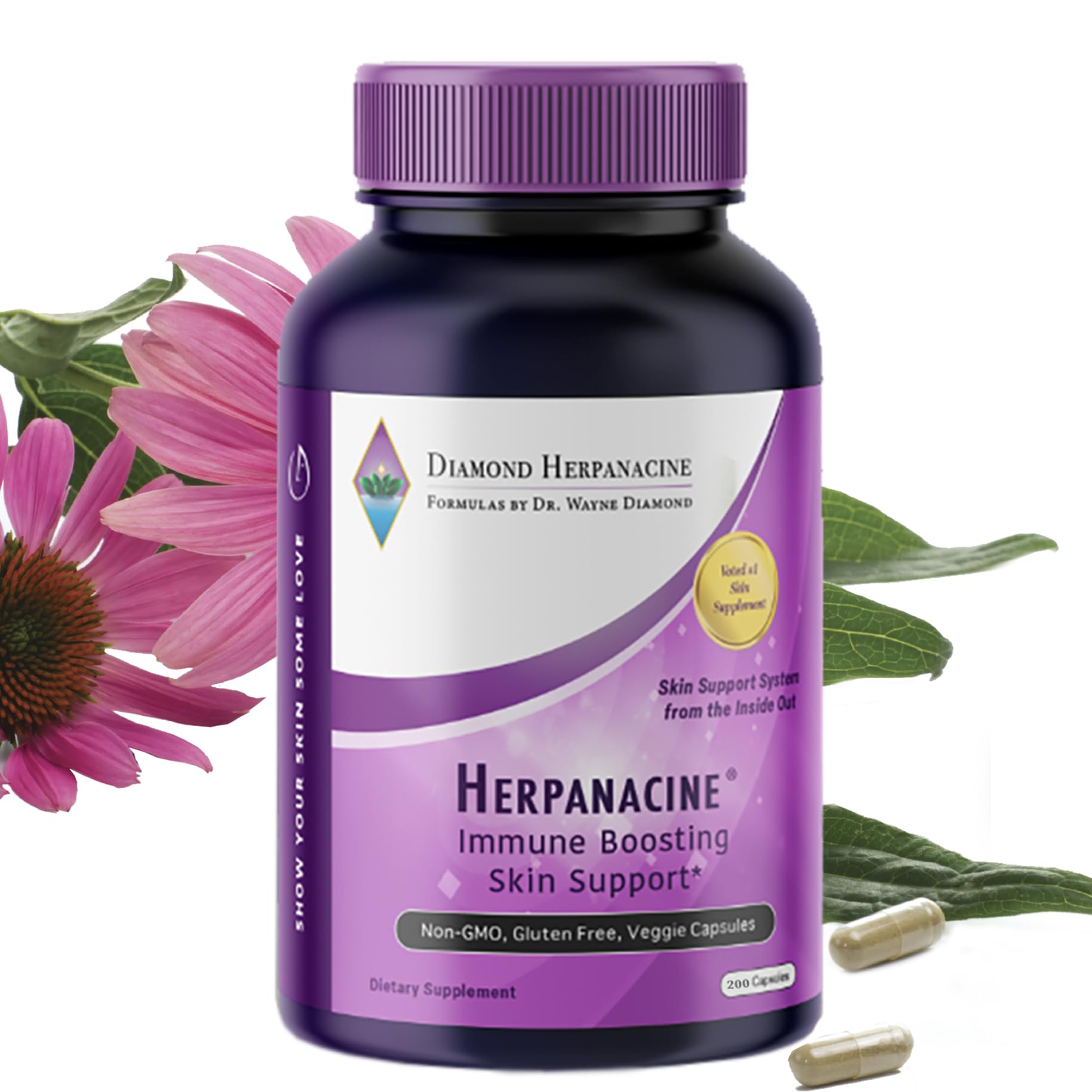 Herpanacine Diamond skin-support bottle showing inner-skin nourishment.