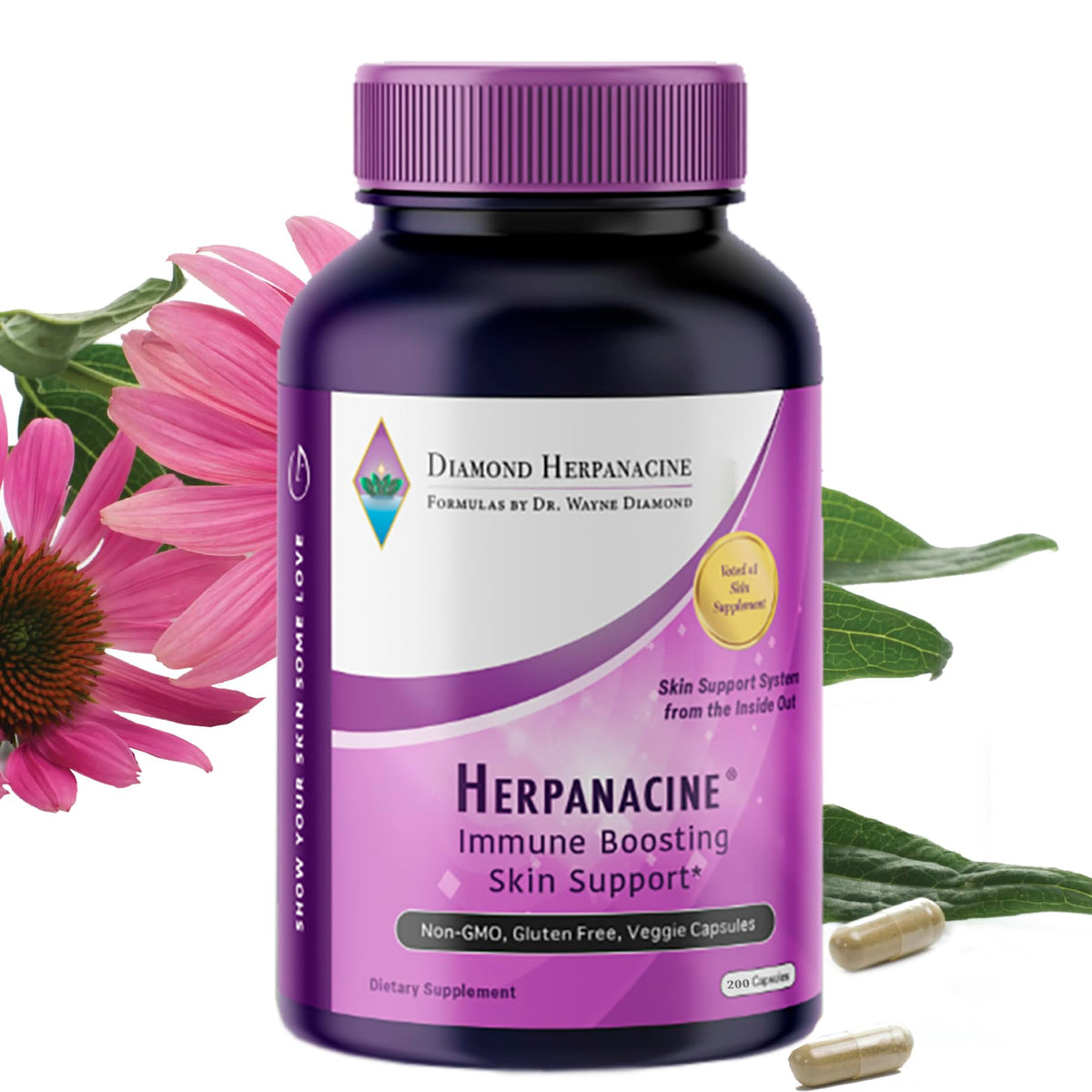 Herpanacine Diamond skin-support bottle showing inner-skin nourishment.