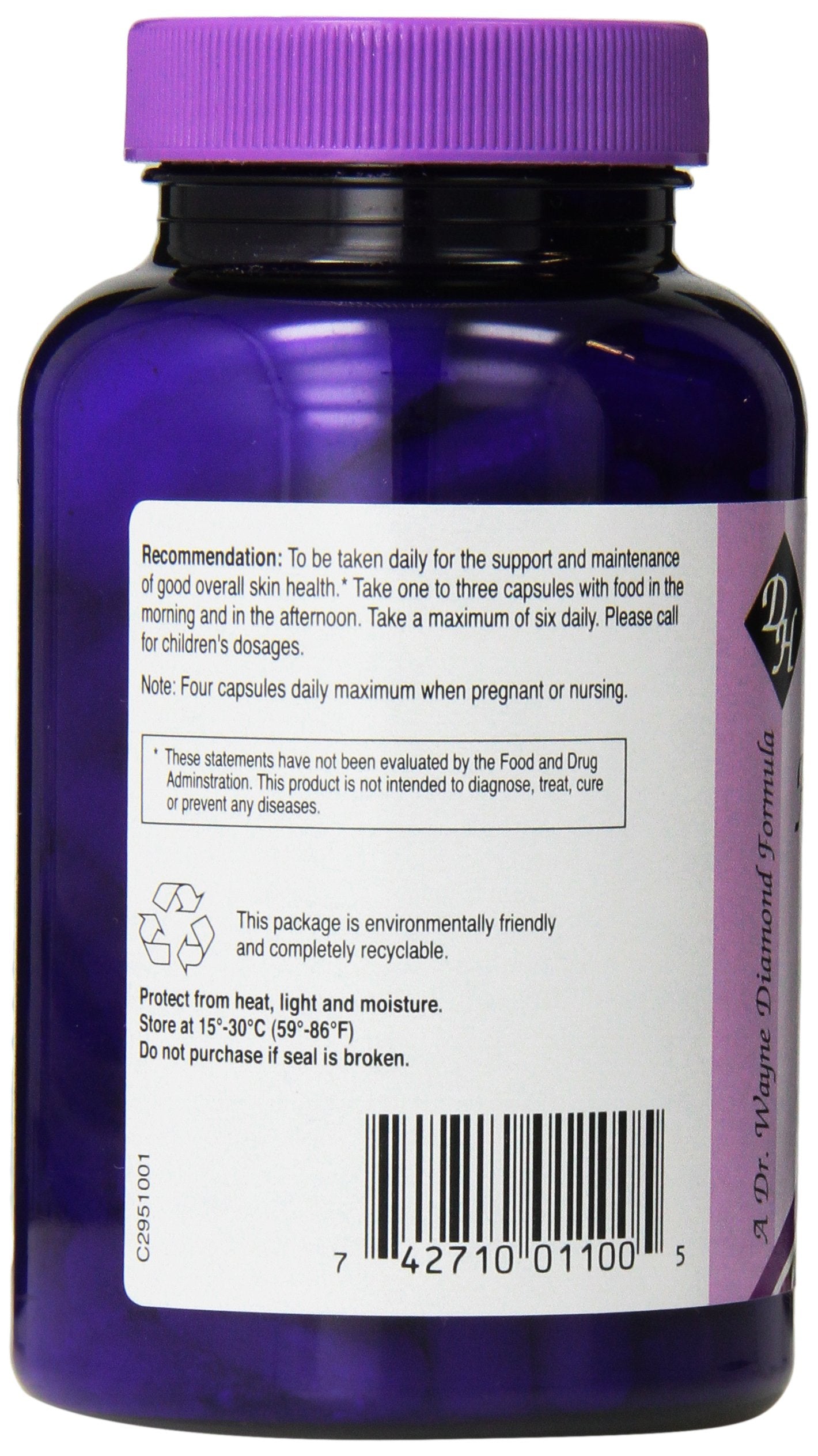 Herpanacine Diamond Skin Support label close-up showing ingredients and dosage guidance.