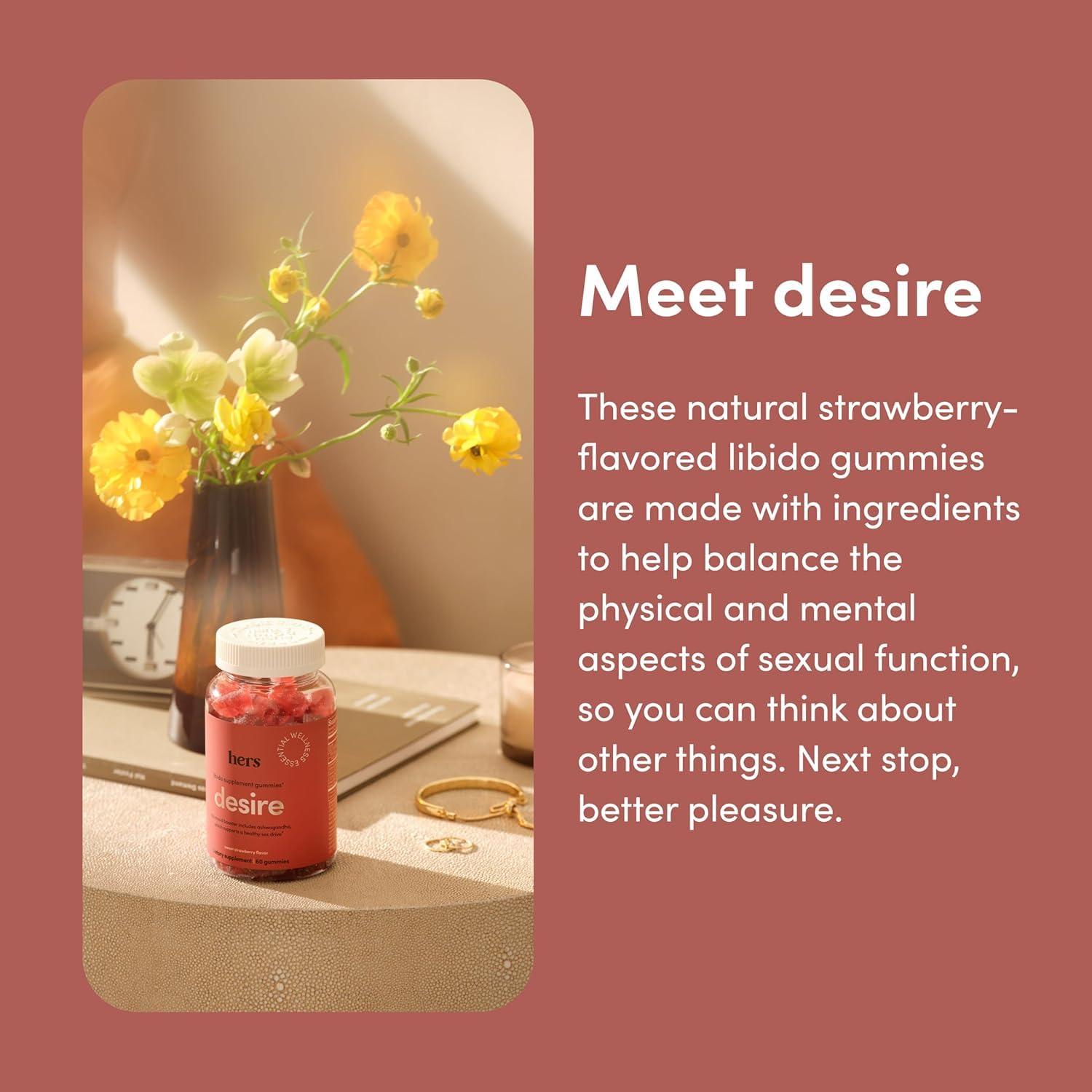 Hers Desire gummies closeup-texture shows fruity strawberry flavor and appealing texture.